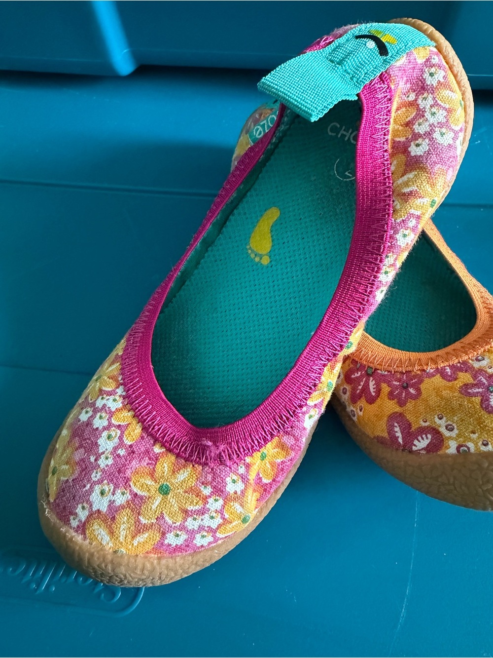 Chooze Girls Size 12 Floral Ballet Flats Pink Orange Mismatched Shoes
